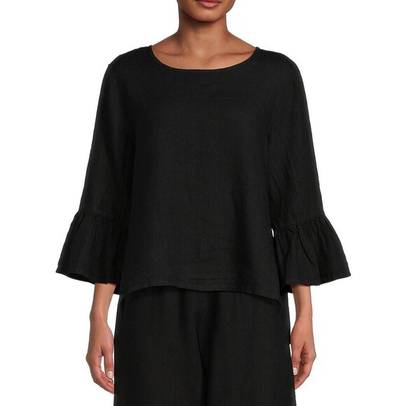Bryn Walker Fran Round Neck Ruffle 3/4 Bell Sleeve Top Sz S Hi Low Hem Tencel - Picture 1 of 10